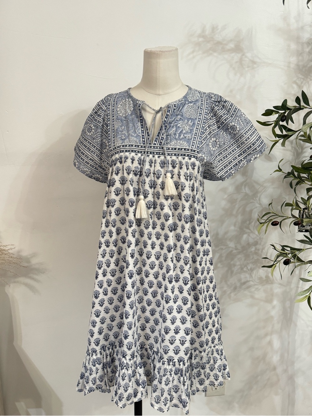 Cleobella Blue White Organic Cotton Floral Boho Mini Dress XS
